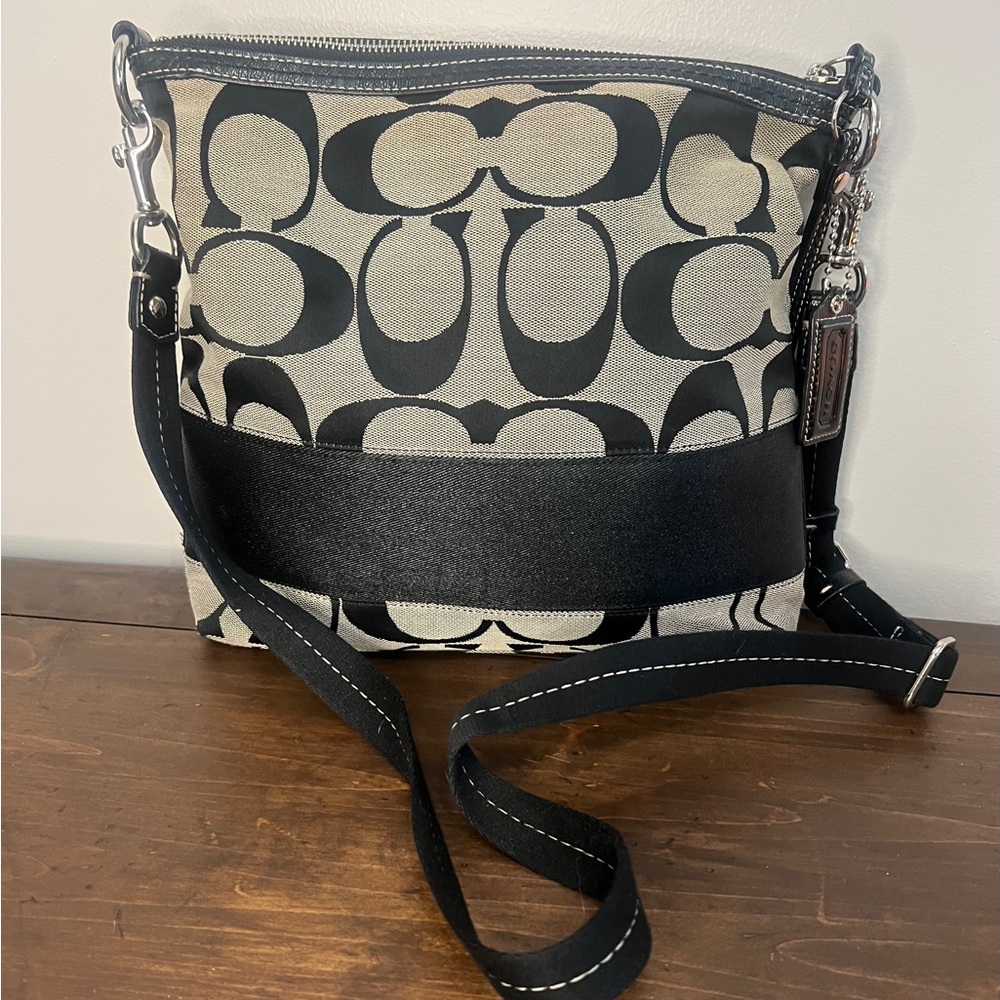 Coach Signature Stripe bag in a black and gray
